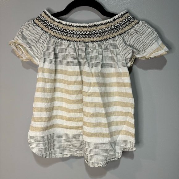 Vineyard Vines Linen Tan Stripe Off The Shoulder Top Neutral Natural Chic Boho - Picture 2 of 7